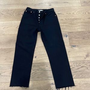 Redone button fly straight leg high rise denim 100% cotton